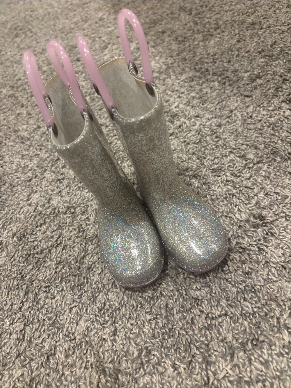 Western Chief Silver Glitter Kids Rain Boots with Pink Pull Loops/Light up